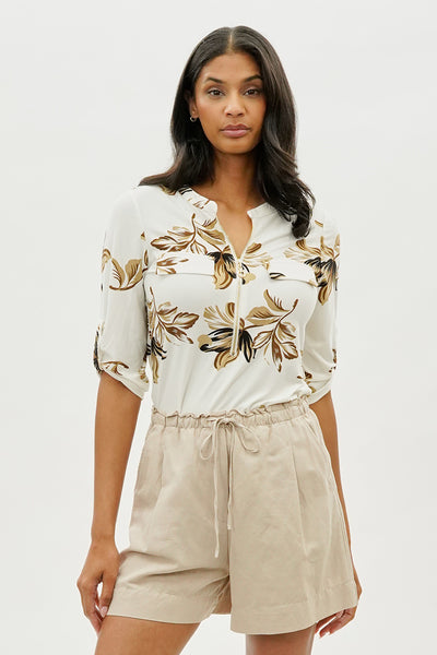Beechers Brook Floral Roll Up Sleeve Half Zip Blouse - Cream - Womens Shirts & Blouses - Fairweather
