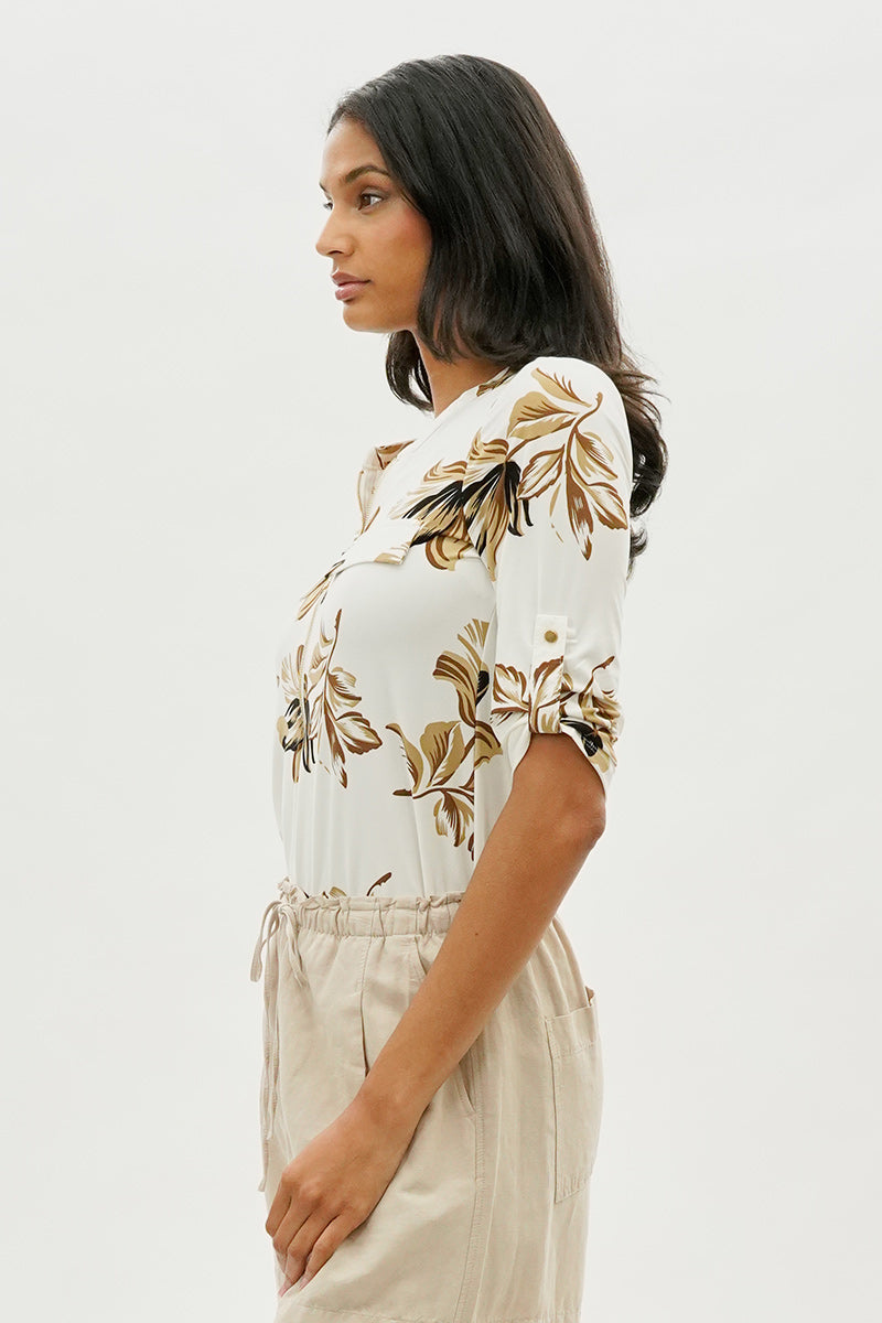 Beechers Brook Floral Roll Up Sleeve Half Zip Blouse - Cream - Womens Shirts & Blouses - Fairweather