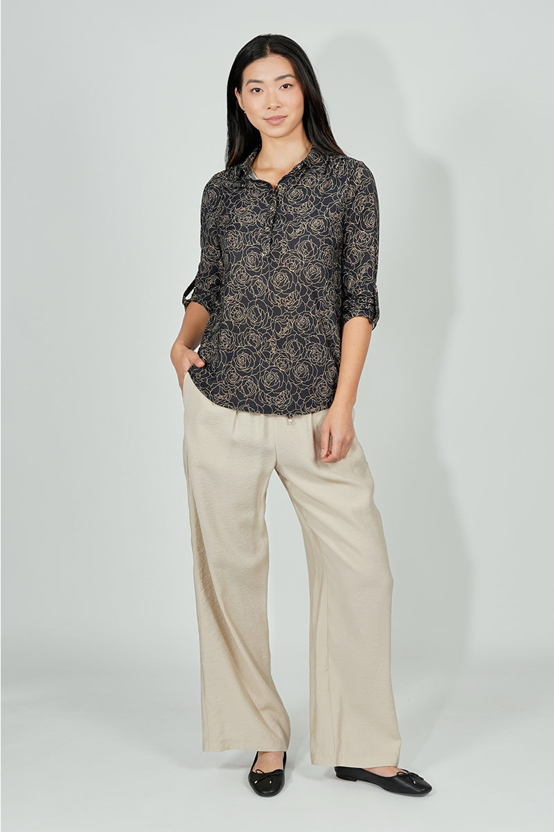 Beechers Brook Floral Button Down Roll Up Sleeve Blouse - Black - Womens Shirts & Blouses - Fairweather