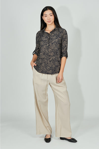 Beechers Brook Floral Button Down Roll Up Sleeve Blouse - Black - Womens Shirts & Blouses - Fairweather