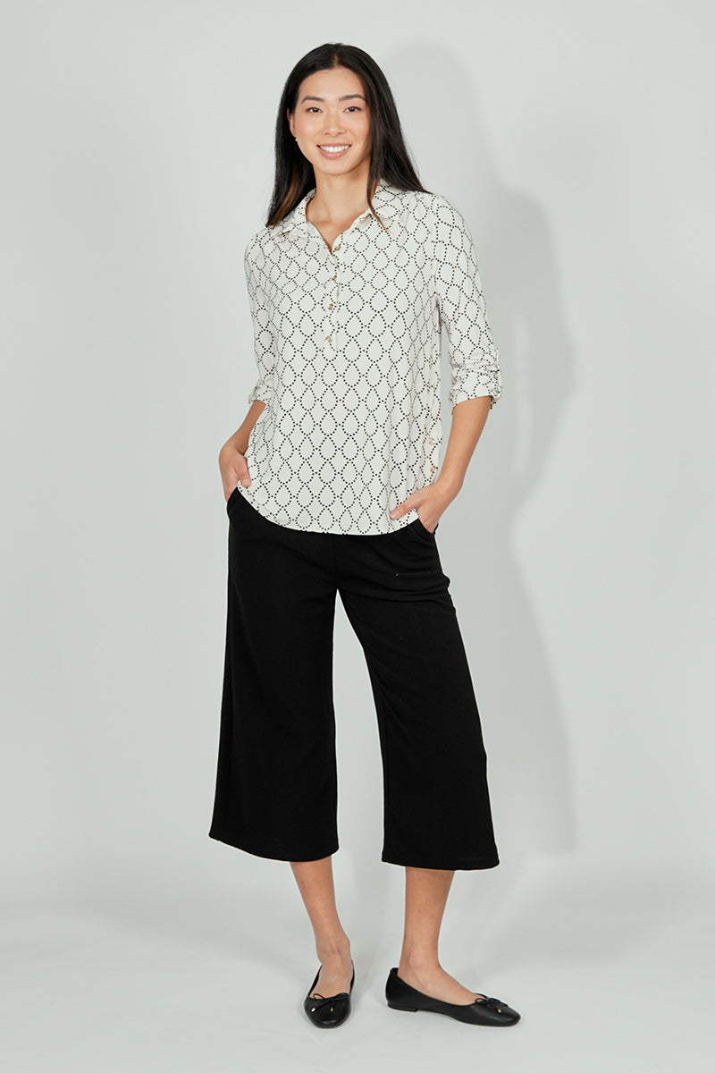 Beechers Brook Patterned Button Down Roll Up Sleeve Blouse - White - Womens Shirts & Blouses - Fairweather