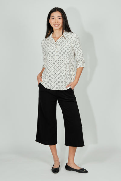 Beechers Brook Patterned Button Down Roll Up Sleeve Blouse - White - Womens Shirts & Blouses - Fairweather
