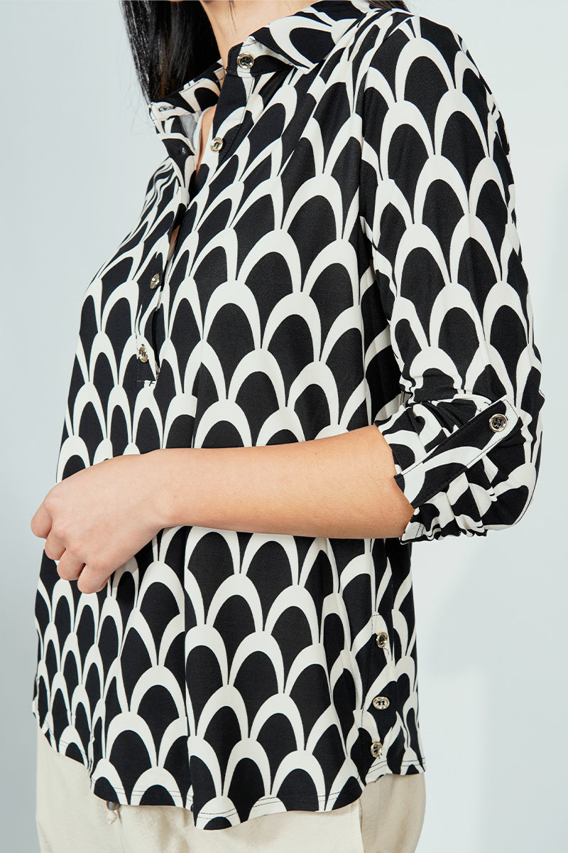 Beechers Brook Patterned Button Down Roll Up Sleeve Blouse - Black - Womens Shirts & Blouses - Fairweather