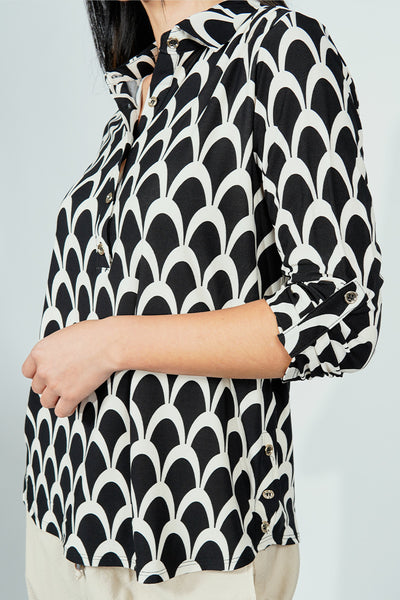 Beechers Brook Patterned Button Down Roll Up Sleeve Blouse - Black - Womens Shirts & Blouses - Fairweather