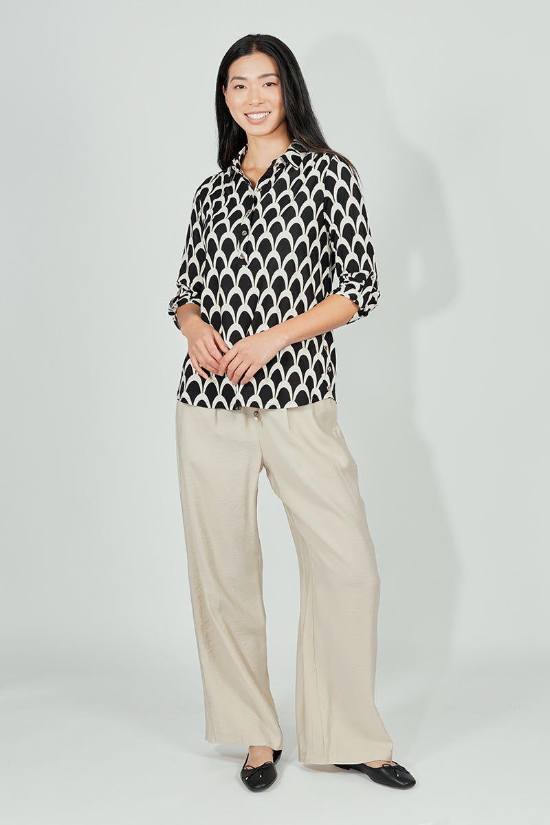 Beechers Brook Patterned Button Down Roll Up Sleeve Blouse - Black - Womens Shirts & Blouses - Fairweather