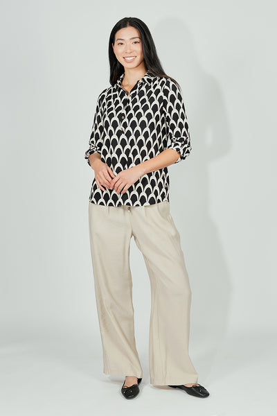 Beechers Brook Patterned Button Down Roll Up Sleeve Blouse - Black - Womens Shirts & Blouses - Fairweather