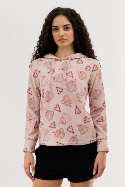 Canada Weather Gear Festive Print Hooded Pajama Top - Pink - Womens Pajamas - Fairweather