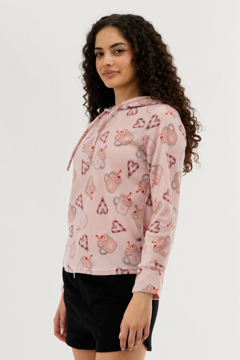 Canada Weather Gear Festive Print Hooded Pajama Top - Pink - Womens Pajamas - Fairweather