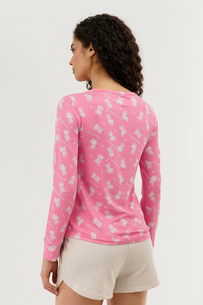 Canada Weather Gear Dog Print Henley Pajama Top - Pink - Womens Pajamas - Fairweather