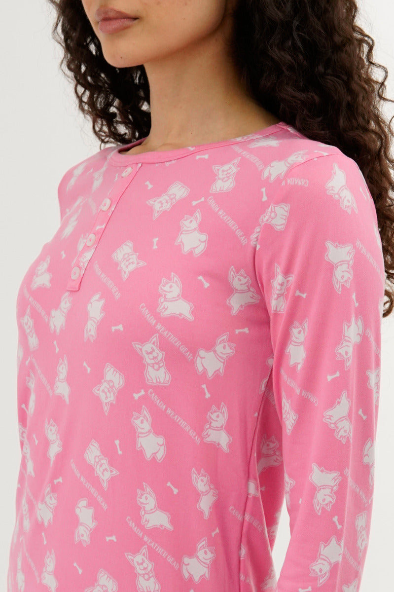 Canada Weather Gear Dog Print Henley Pajama Top - Pink - Womens Pajamas - Fairweather