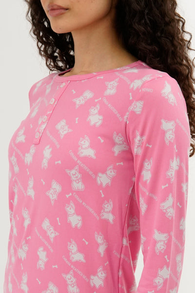 Canada Weather Gear Dog Print Henley Pajama Top - Pink - Womens Pajamas - Fairweather