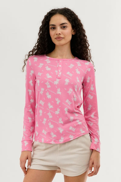 Canada Weather Gear Dog Print Henley Pajama Top - Pink - Womens Pajamas - Fairweather