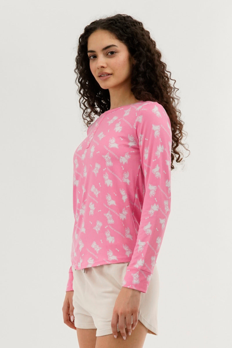 Canada Weather Gear Dog Print Henley Pajama Top - Pink - Womens Pajamas - Fairweather