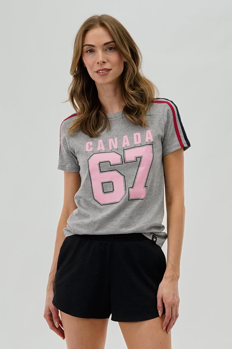 Canada Weather Gear 67 Print Stripe Detail Tee - Grey - Womens Tees & Tank Tops - Fairweather