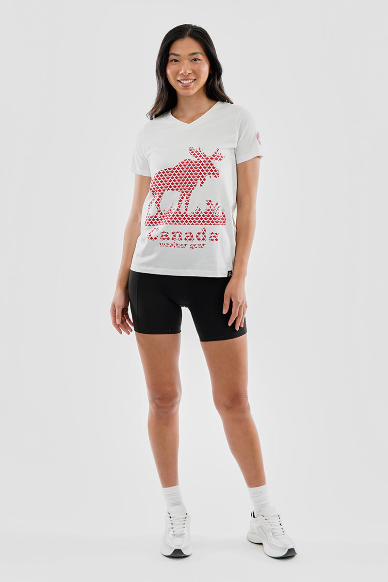 Canada Weather Gear Moose Print V-Neck Tee - White - Womens Tees & Tank Tops - Fairweather