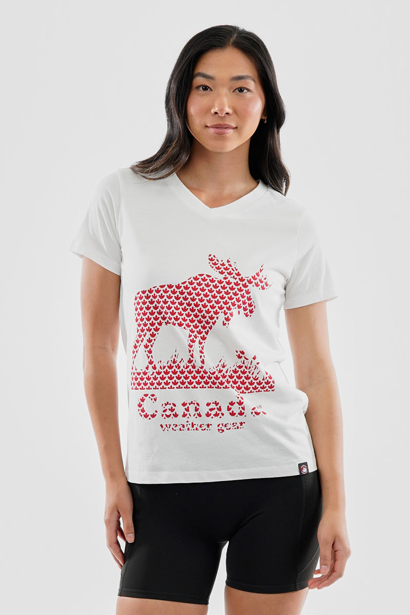 Canada Weather Gear Moose Print V-Neck Tee - White - Womens Tees & Tank Tops - Fairweather