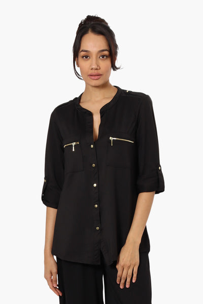 Beechers Brook Zip Pocket Roll Up Sleeve Shirt - Black - Womens Shirts & Blouses - Fairweather
