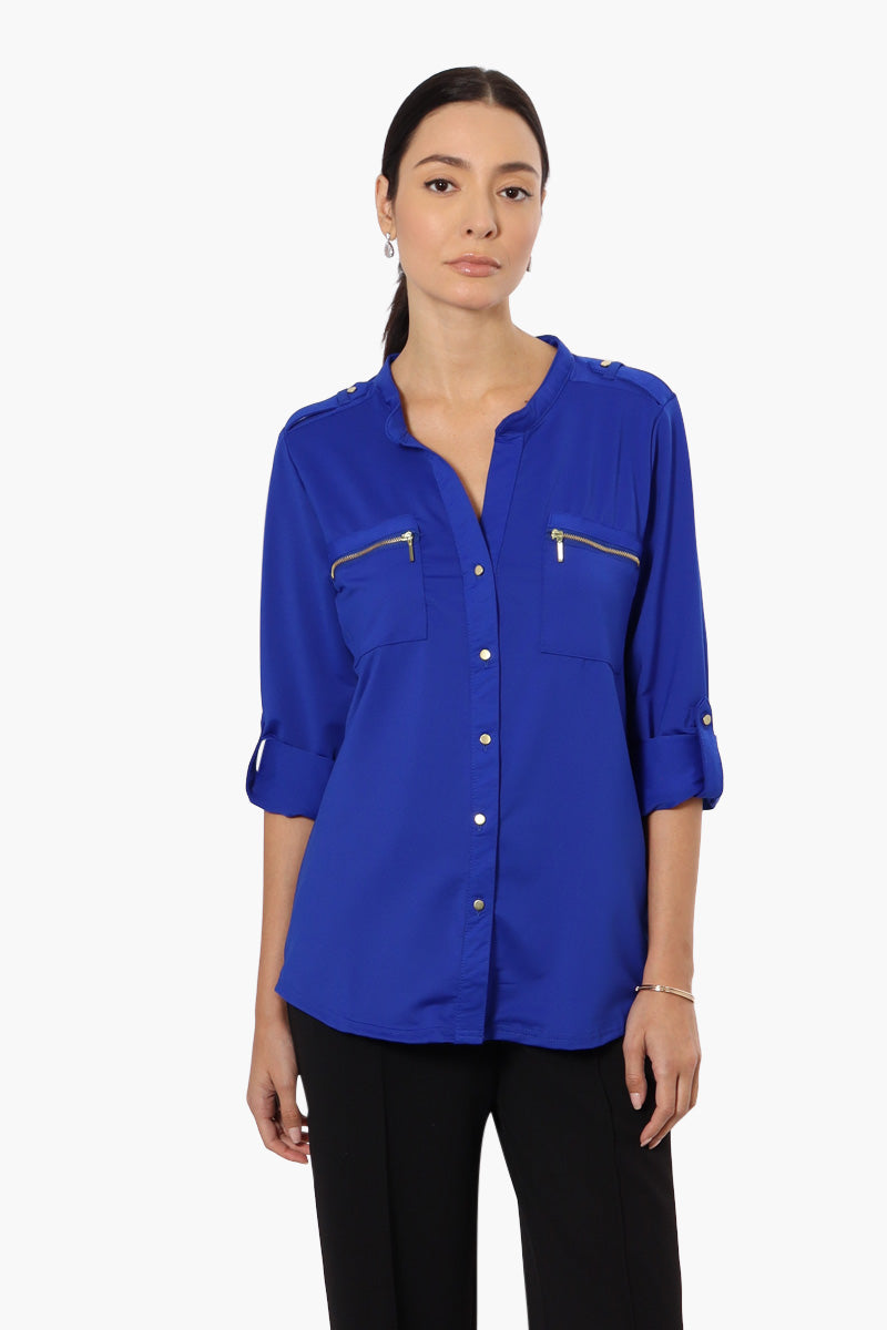 Beechers Brook Zip Pocket Roll Up Sleeve Shirt - Blue - Womens Shirts & Blouses - Fairweather