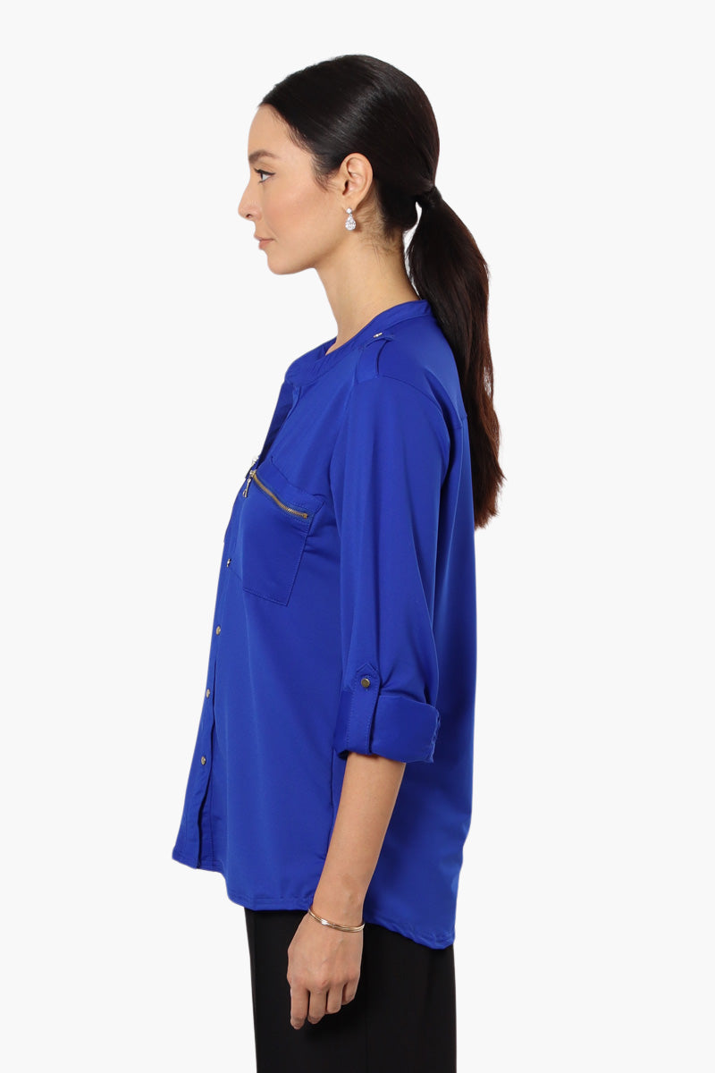 Beechers Brook Zip Pocket Roll Up Sleeve Shirt - Blue - Womens Shirts & Blouses - Fairweather