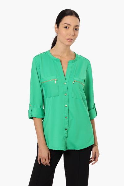 Beechers Brook Zip Pocket Roll Up Sleeve Shirt - Green - Womens Shirts & Blouses - Fairweather