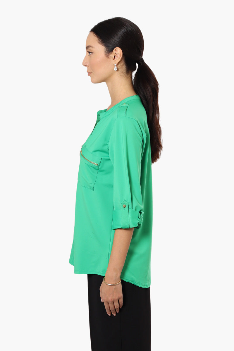 Beechers Brook Zip Pocket Roll Up Sleeve Shirt - Green - Womens Shirts & Blouses - Fairweather