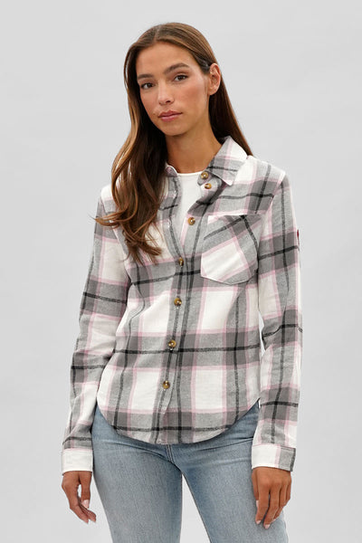 Canada Weather Gear Button Up Flannel Shirt - White - Womens Shirts & Blouses - Fairweather