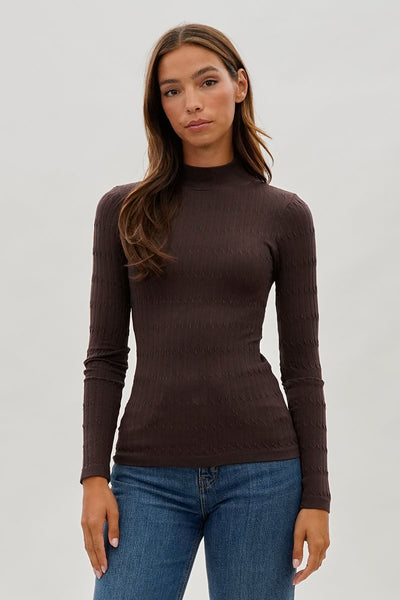 International INC Company Ribbed Mock Neck Long Sleeve Top - Brown - Womens Long Sleeve Tops - Fairweather