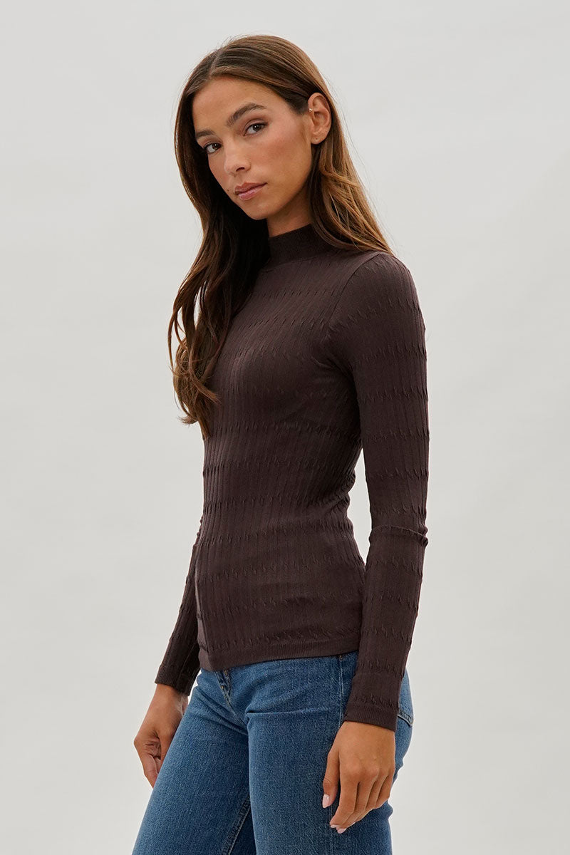 Ribbed Mock Neck Long Sleeve Top - Brown