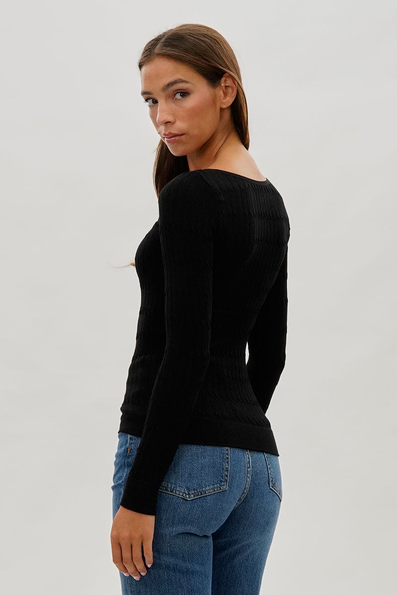International INC Company Ribbed Scoop Neck Long Sleeve Top - Black - Womens Long Sleeve Tops - Fairweather