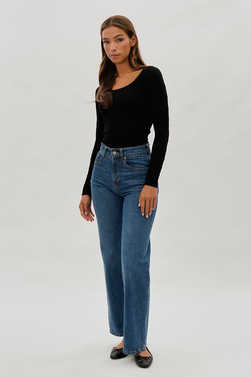 International INC Company Ribbed Scoop Neck Long Sleeve Top - Black - Womens Long Sleeve Tops - Fairweather