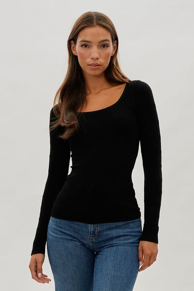 International INC Company Ribbed Scoop Neck Long Sleeve Top - Black - Womens Long Sleeve Tops - Fairweather