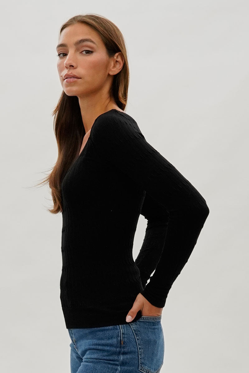 International INC Company Ribbed Scoop Neck Long Sleeve Top - Black - Womens Long Sleeve Tops - Fairweather