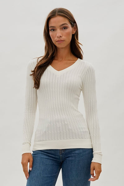 International INC Company Ribbed Scoop Neck Long Sleeve Top - White - Womens Long Sleeve Tops - Fairweather