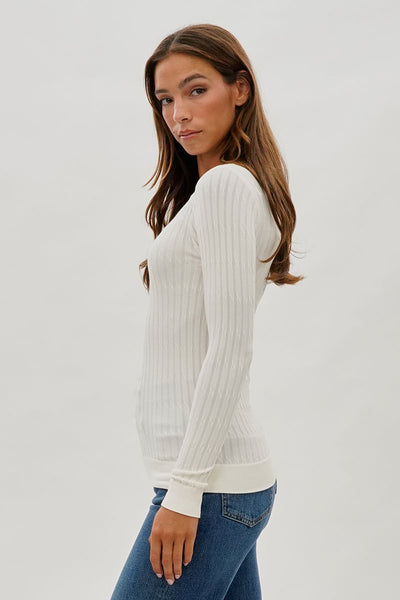 International INC Company Ribbed Scoop Neck Long Sleeve Top - White - Womens Long Sleeve Tops - Fairweather