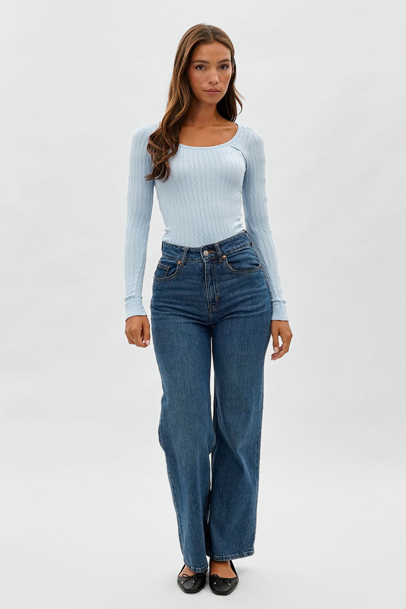 International INC Company Ribbed Scoop Neck Long Sleeve Top - Blue - Womens Long Sleeve Tops - Fairweather