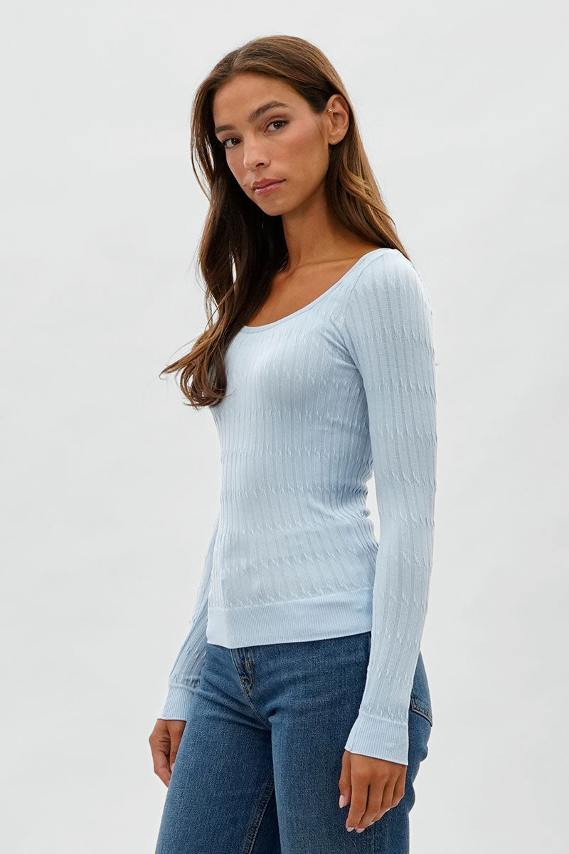 International INC Company Ribbed Scoop Neck Long Sleeve Top - Blue - Womens Long Sleeve Tops - Fairweather