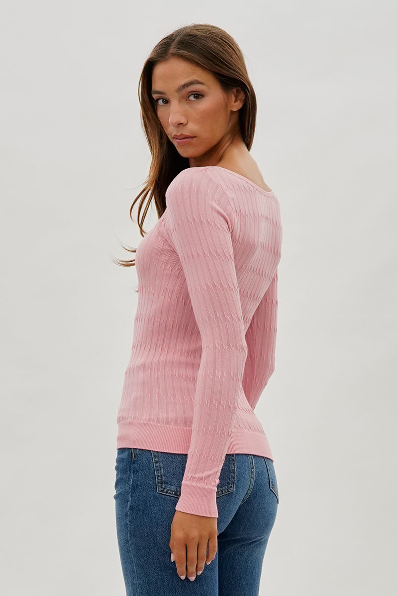 International INC Company Ribbed Scoop Neck Long Sleeve Top - Pink - Womens Long Sleeve Tops - Fairweather