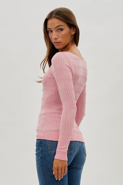 International INC Company Ribbed Scoop Neck Long Sleeve Top - Pink - Womens Long Sleeve Tops - Fairweather