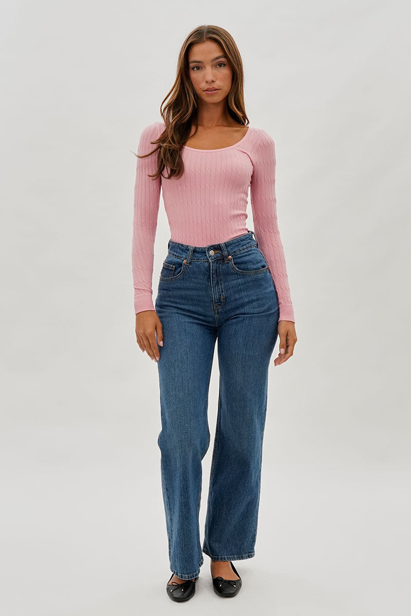 International INC Company Ribbed Scoop Neck Long Sleeve Top - Pink - Womens Long Sleeve Tops - Fairweather