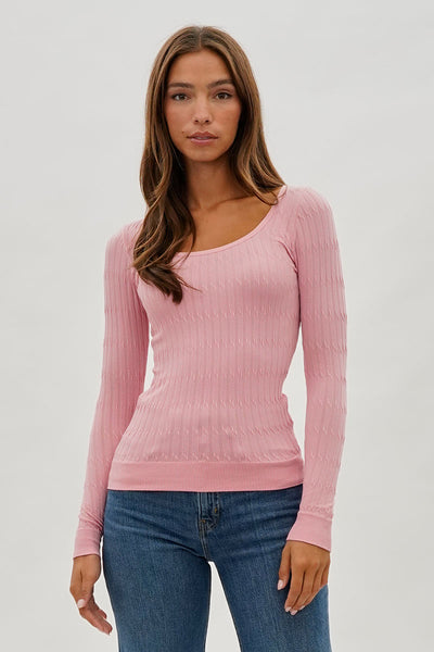 International INC Company Ribbed Scoop Neck Long Sleeve Top - Pink - Womens Long Sleeve Tops - Fairweather