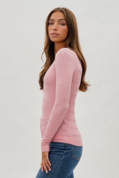 International INC Company Ribbed Scoop Neck Long Sleeve Top - Pink - Womens Long Sleeve Tops - Fairweather