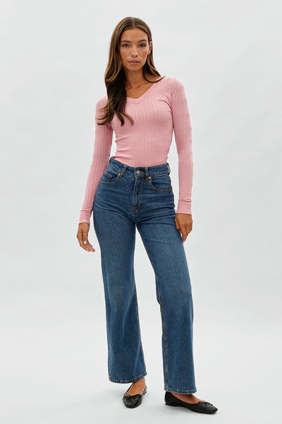 International INC Company Ribbed V-Neck Long Sleeve Top - Pink - Womens Long Sleeve Tops - Fairweather