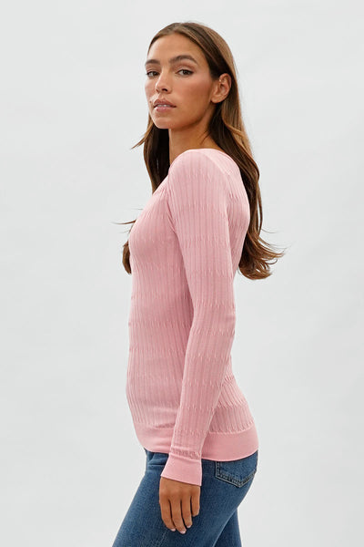 International INC Company Ribbed V-Neck Long Sleeve Top - Pink - Womens Long Sleeve Tops - Fairweather