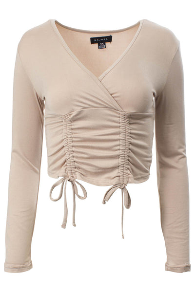 Solid Ruched Long Sleeve Top - Beige - Womens Long Sleeve Tops - Fairweather