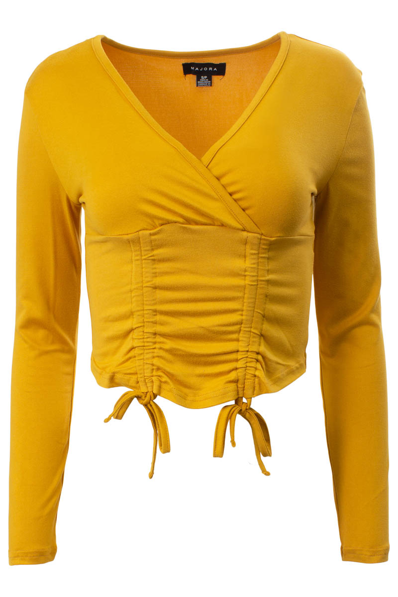 Solid Ruched Long Sleeve Top - Mustard - Womens Long Sleeve Tops - Fairweather