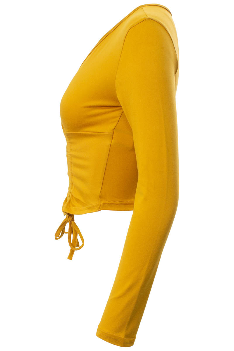 Solid Ruched Long Sleeve Top - Mustard - Womens Long Sleeve Tops - Fairweather