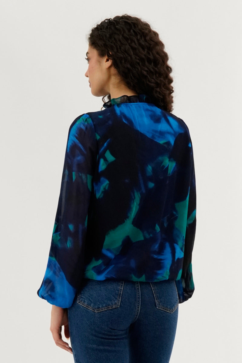 Costa Blanca Patterned Sheer Sleeve Blouse - Navy - Womens Shirts & Blouses - Fairweather