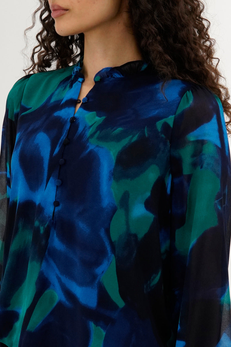 Costa Blanca Patterned Sheer Sleeve Blouse - Navy - Womens Shirts & Blouses - Fairweather