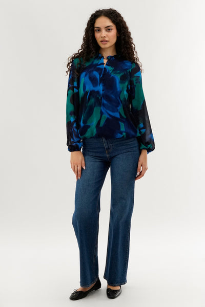 Costa Blanca Patterned Sheer Sleeve Blouse - Navy - Womens Shirts & Blouses - Fairweather