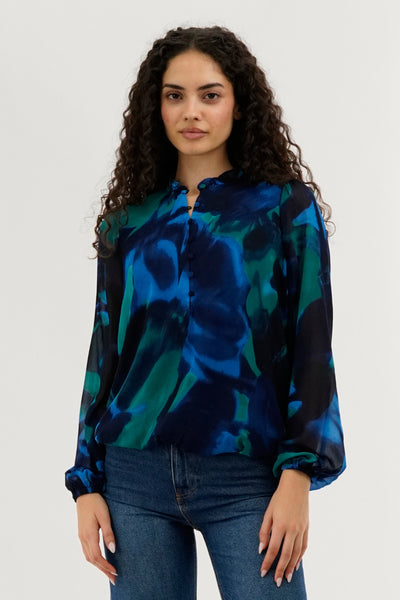 Costa Blanca Patterned Sheer Sleeve Blouse - Navy - Womens Shirts & Blouses - Fairweather